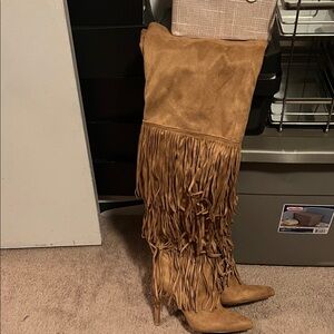 Chelsea & Zoe Tan Fringe Heeled Boots